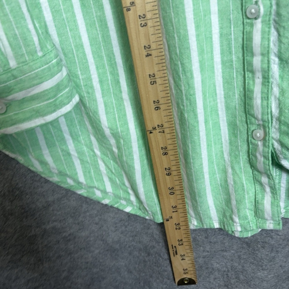 Aerie Linen Blend Cover Up Shirt Womens Sz L Green Striped Semi Sheer Pocket - Picture 7 of 8